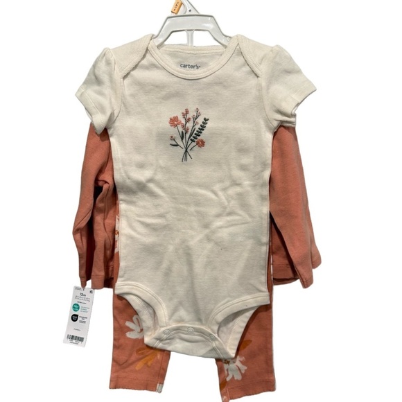Carter's Cream and Peach Baby 3 Piece Outfit Set With Cardigan Size 12 Month - Picture 1 of 4